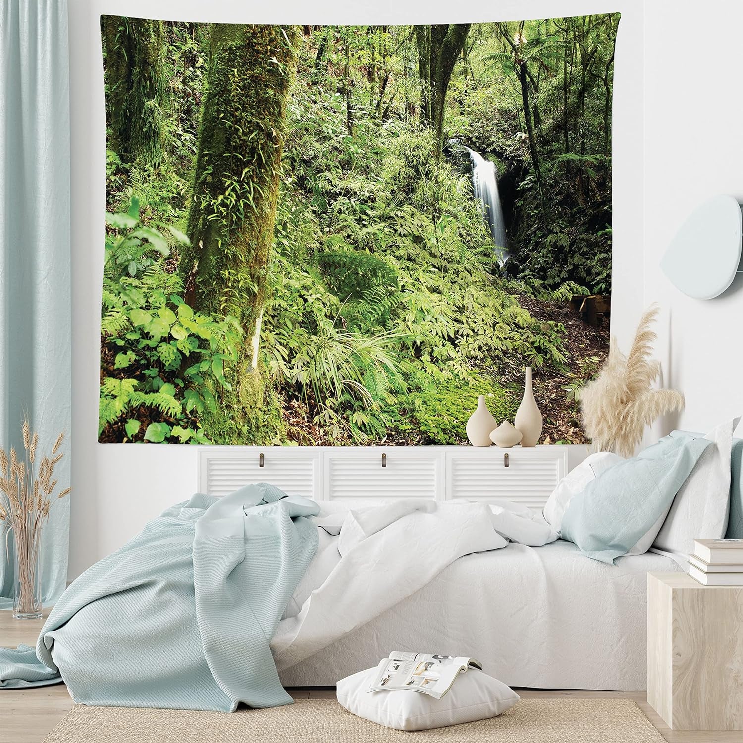 Woodland Tapestry King Size, Waterfall in Deep Forest Scenery in the Woods Green of Earth Covering Plants, Wall Hanging Bedspread Bed Cover Wall Decor, King Size, Forest Green