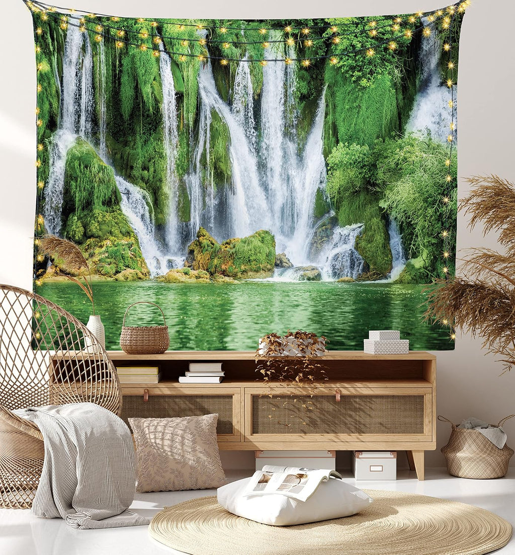 Waterfall Tapestry King Size, Moss Greenery Reflection on River Landmark in Bosnia and Herzegovina Picture, Wall Hanging Bedspread Bed Cover Wall Decor, King Size, Green White