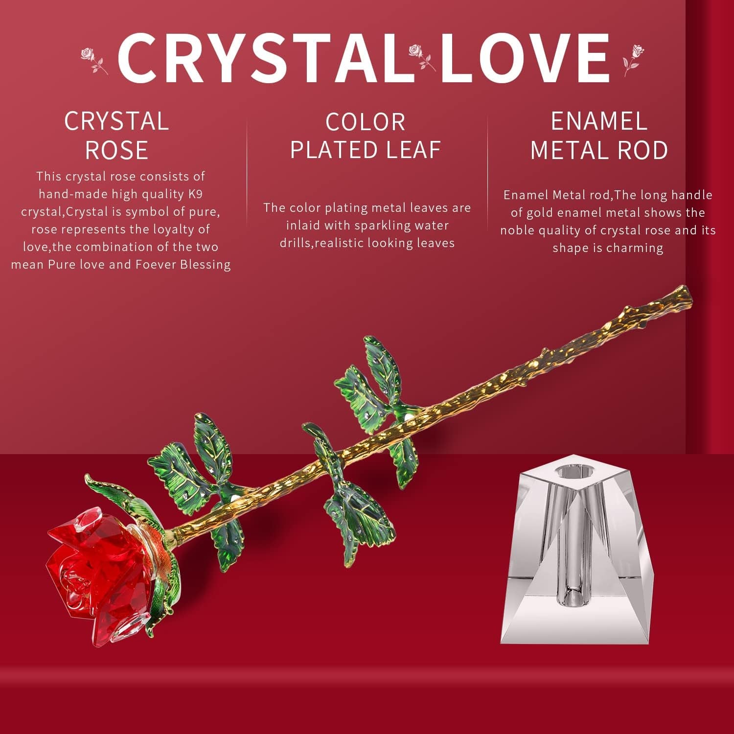 K9 Quality Crystal Roses, Forever Crystal Rose, Crystal,Long Stem with Crystal Vase (Red)