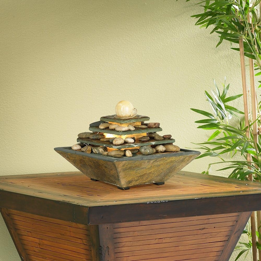 Pyramid 9" High Small Zen Modern Indoor Decor Slate Stone Tabletop Fountain with Light LED Waterfall Feng Shui Ball Water Feature for Desk Relaxation Bedroom Living Room Countertop -
