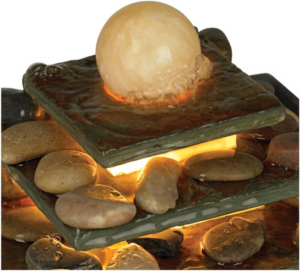 Pyramid 9" High Small Zen Modern Indoor Decor Slate Stone Tabletop Fountain with Light LED Waterfall Feng Shui Ball Water Feature for Desk Relaxation Bedroom Living Room Countertop -