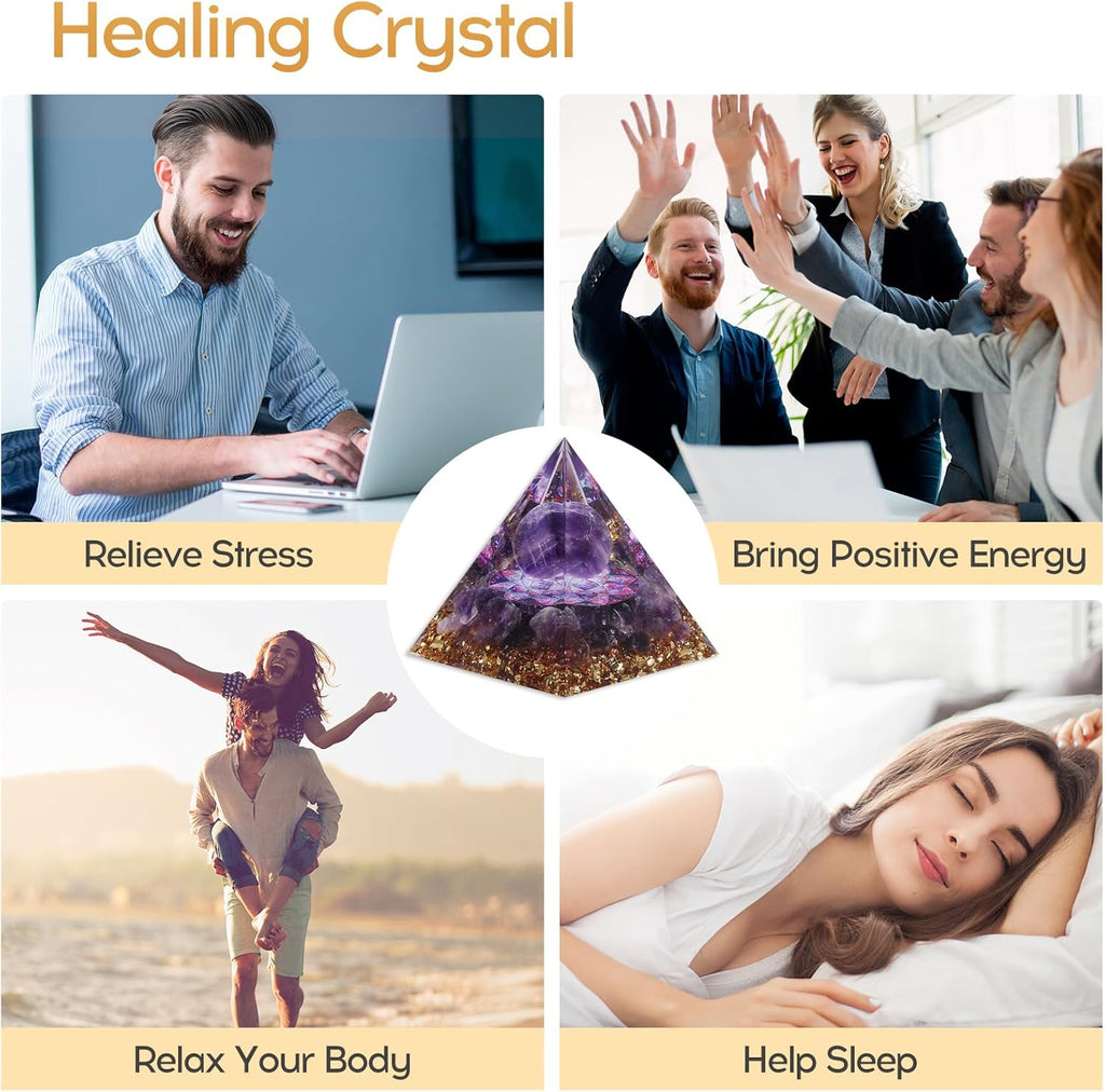 Orgone Pyramid for Positive Energy, Orgonite Natural Amethyst Crystal Healing Crystals Pyramid for Reduce Stress Chakra Reiki Healing Meditation Cleanses the Mind and Boosts Confidence