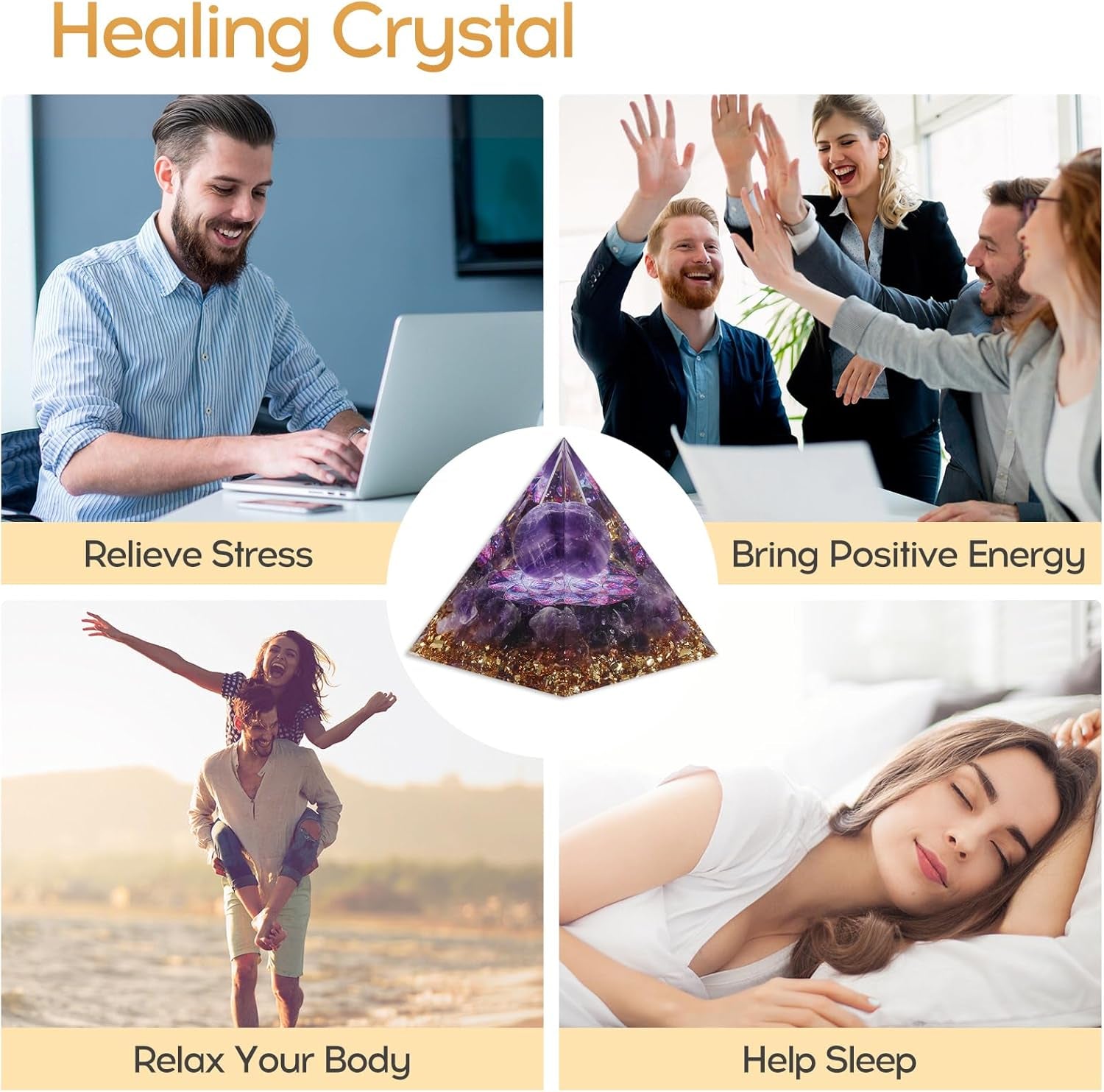Orgone Pyramid for Positive Energy, Orgonite Natural Amethyst Crystal Healing Crystals Pyramid for Reduce Stress Chakra Reiki Healing Meditation Cleanses the Mind and Boosts Confidence