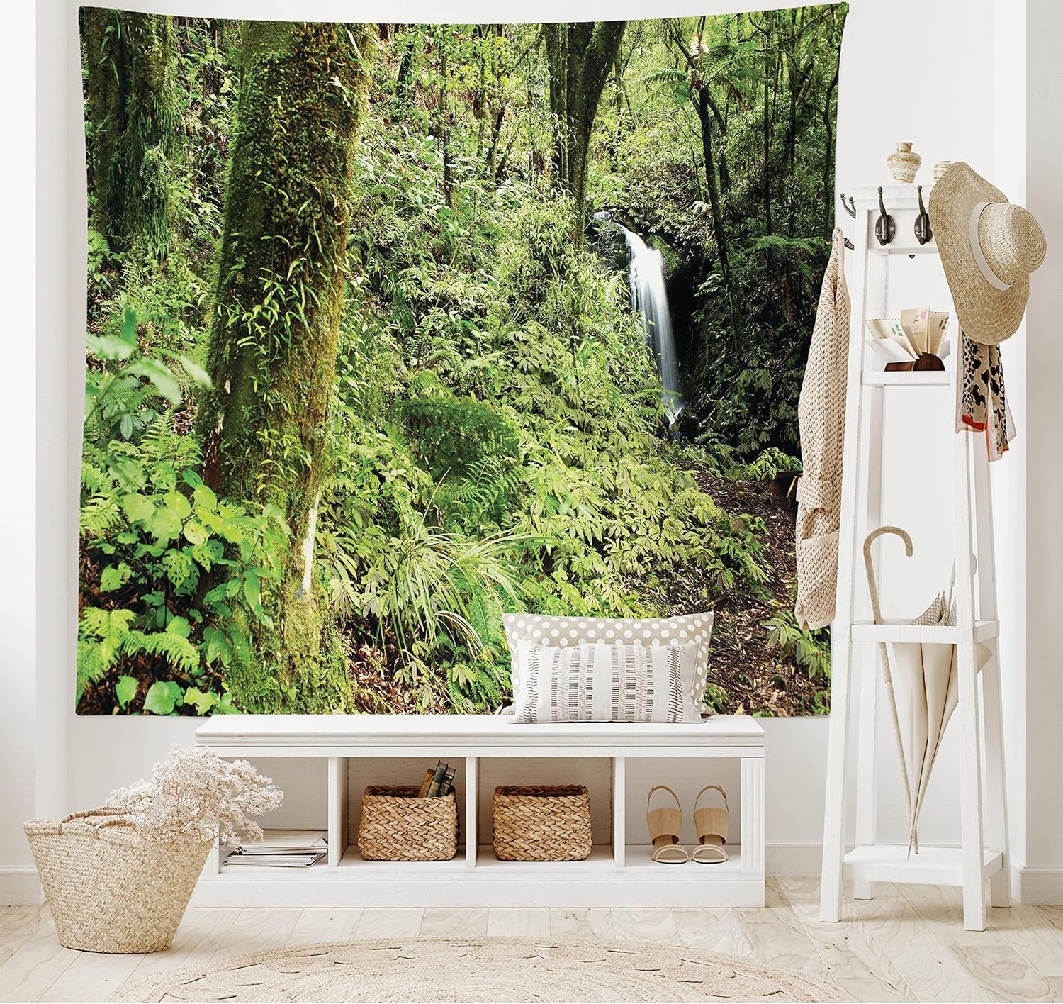 Woodland Tapestry King Size, Waterfall in Deep Forest Scenery in the Woods Green of Earth Covering Plants, Wall Hanging Bedspread Bed Cover Wall Decor, King Size, Forest Green