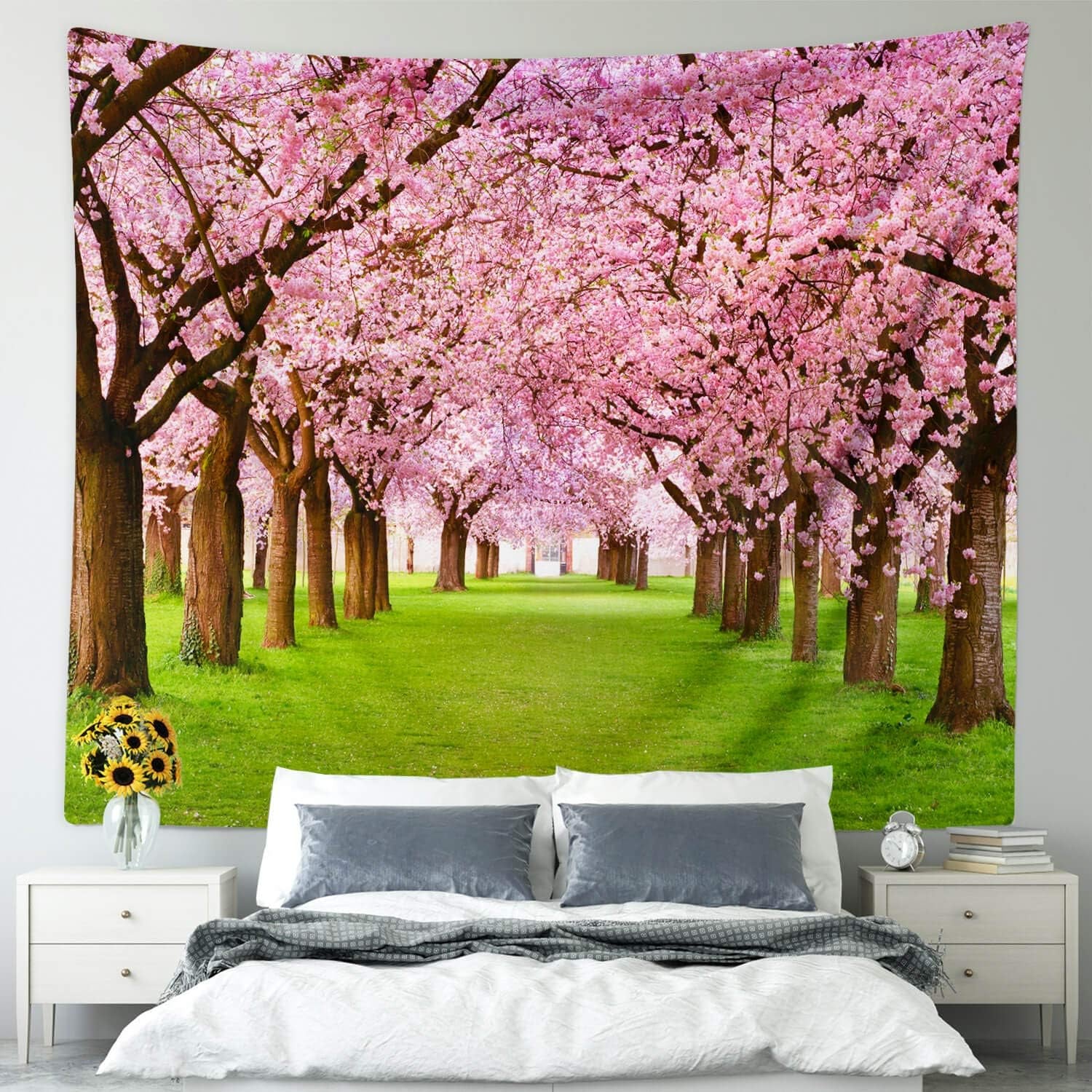 Pink Tapestry Wall Hanging, Nature Floral Bedroom Tapestry Small - Cute Cherry Flowers Trees Garden Scenic Tapestries for Living Room Home Office Dorm Fabric Wall Art Blanket