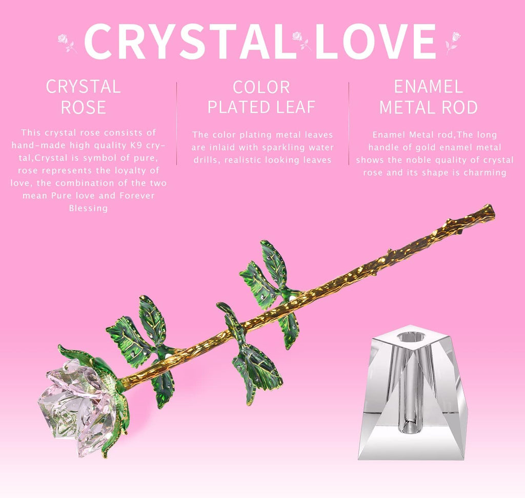 K9 Quality Crystal Roses, Forever Crystal Rose, Crystal,Long Stem with Crystal Vase,Best Gift for Her/Wife/Mom/Women on Valentine'S Day/Anniversary/Mother'S Day/Birthday Day(Pink)