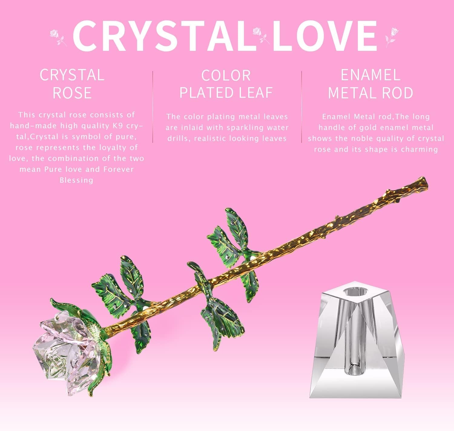 K9 Quality Crystal Roses, Forever Crystal Rose, Crystal,Long Stem with Crystal Vase,Best Gift for Her/Wife/Mom/Women on Valentine'S Day/Anniversary/Mother'S Day/Birthday Day(Pink)