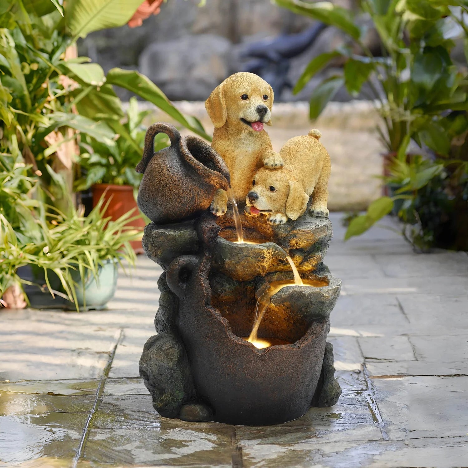 Puppy Friends Farmhouse Resin Outdoor Fountain with Lights