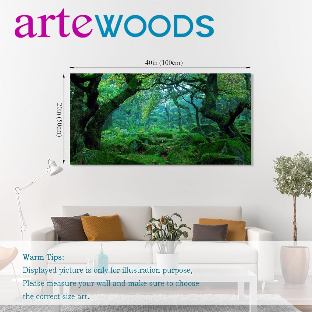 Green Forest Canvas Wall Art Living Room Decoration Big Trees Nature Picture Large Modern Canvas Artwork Contemporary Woods Mossy Rock Spring Season Prints for Office Home Decoration 20" X 40"