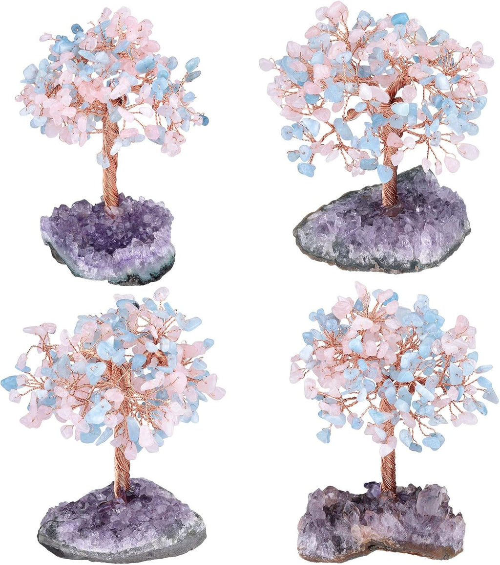 Natural Rose Quartz & Aquamarine Crystal Tree with Amethyst Cluster Crystal Base Money Tree Figurines Feng Shui Desk Decoration, Meditation Table Altar Decor, 4.5-6 Inches