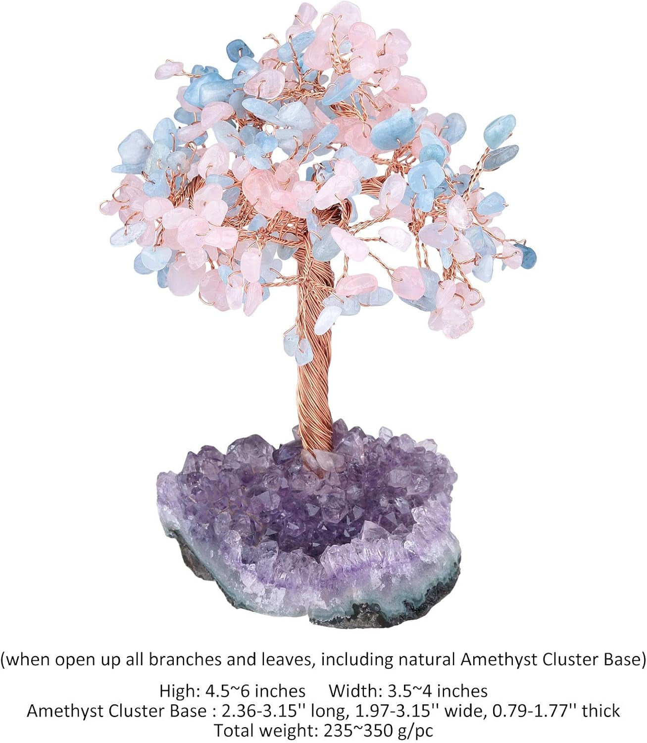 Natural Rose Quartz & Aquamarine Crystal Tree with Amethyst Cluster Crystal Base Money Tree Figurines Feng Shui Desk Decoration, Meditation Table Altar Decor, 4.5-6 Inches