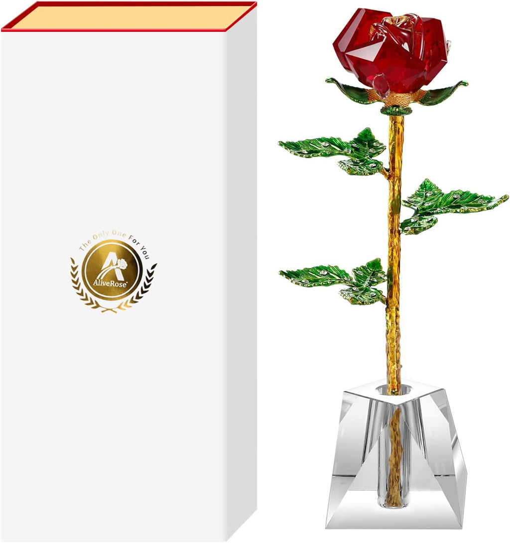 K9 Quality Crystal Roses, Forever Crystal Rose, Crystal,Long Stem with Crystal Vase (Red)