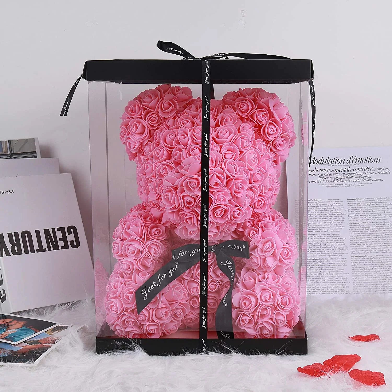 Pink Rose Teddy Bear – 10" Flower Bear with Gift Box, Perfect for Valentine’s Day, Mother’s Day, Anniversary, Birthday, or Wedding Party Décor