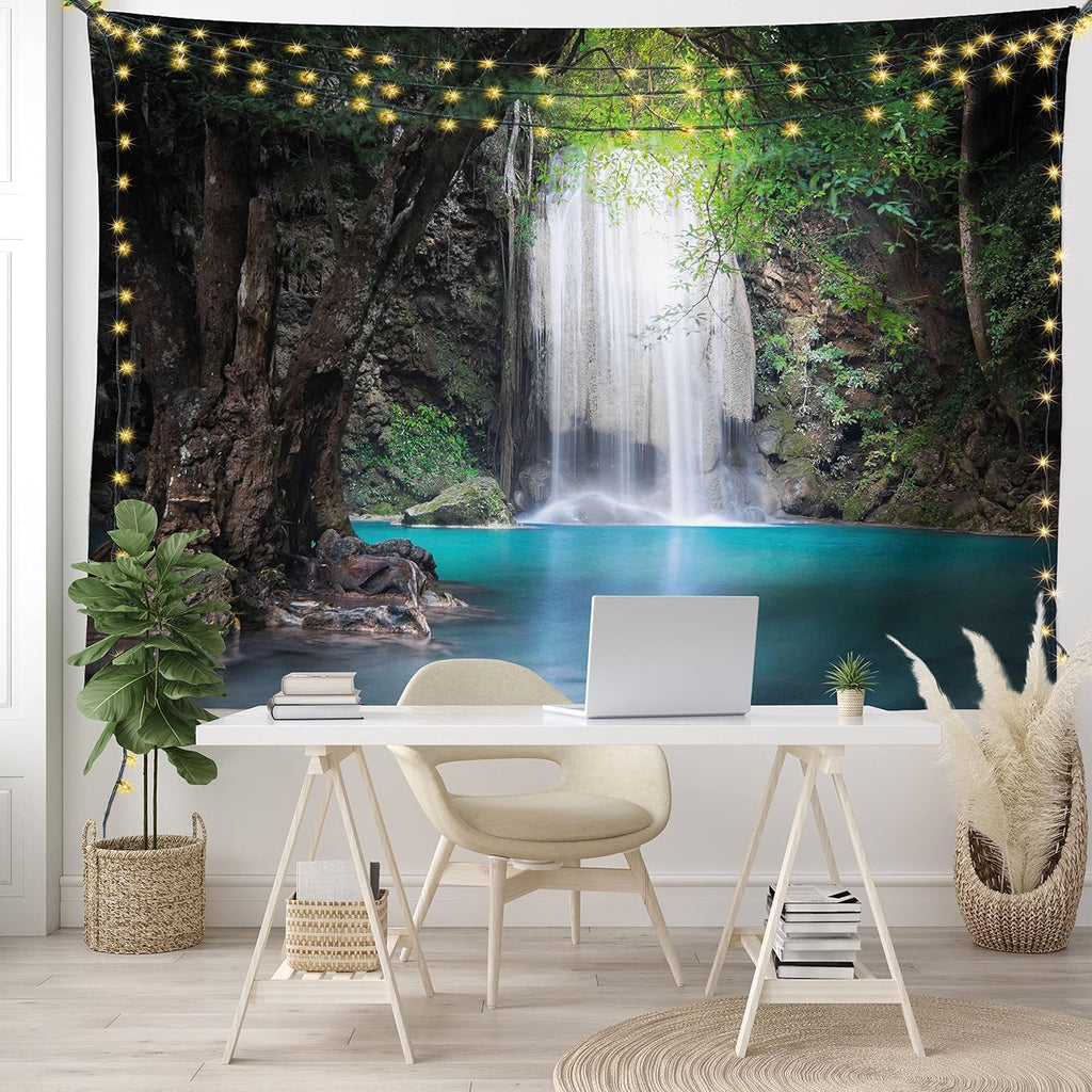 Nature Tapestry King Size, Surreal Scene Deep down in Rainforest with Waterfall Idyllic Image, Wall Hanging Bedspread Bed Cover Wall Decor, King Size, Fern Green Turquoise