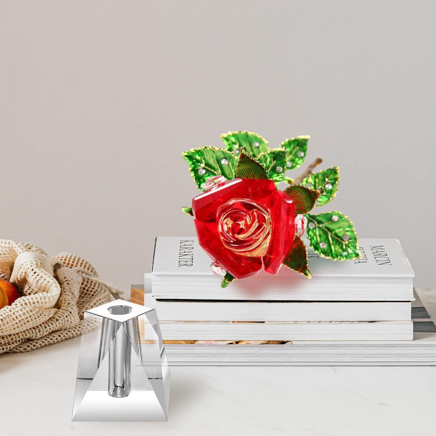 K9 Quality Crystal Roses, Forever Crystal Rose, Crystal,Long Stem with Crystal Vase (Red)