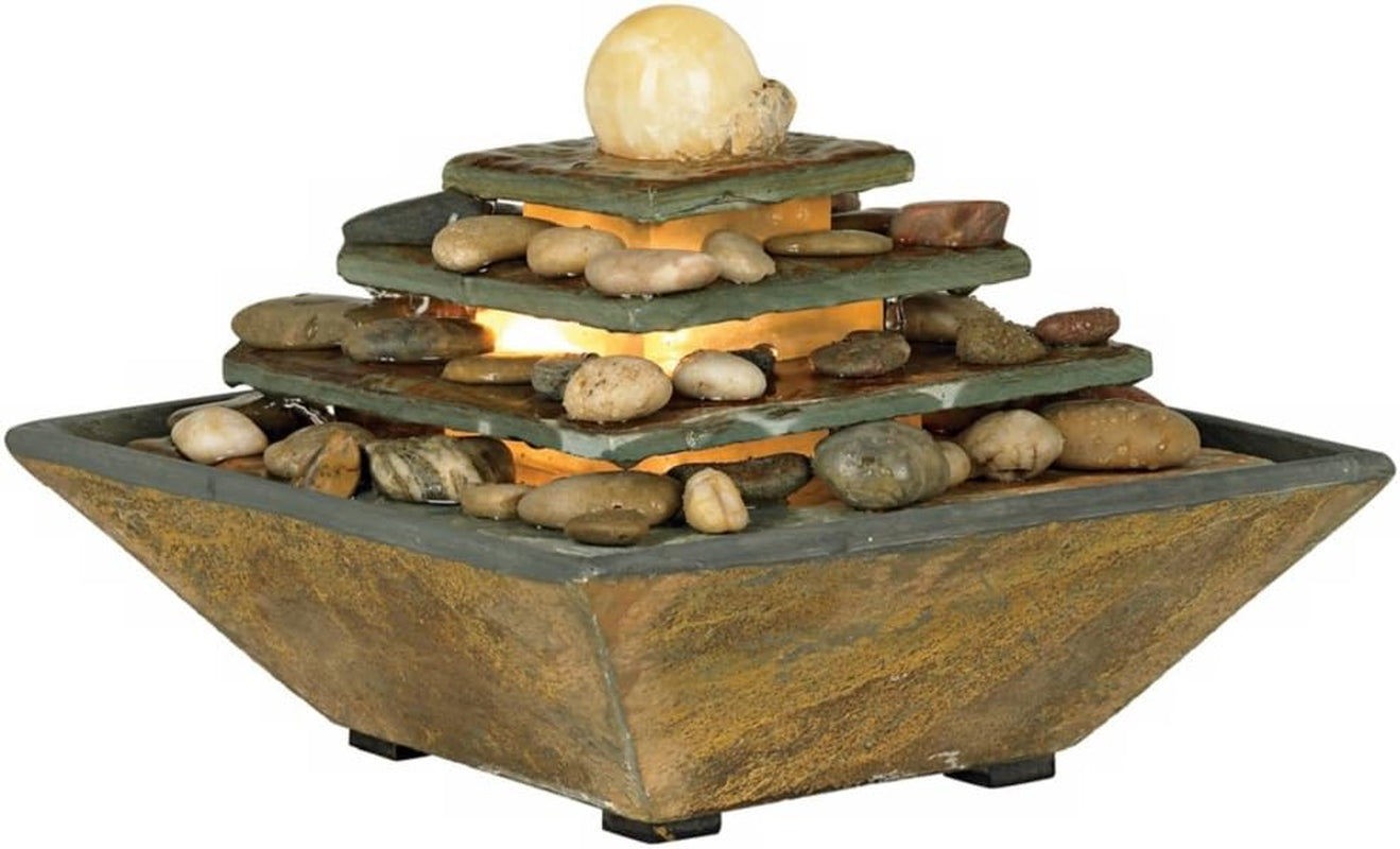 Pyramid 9" High Small Zen Modern Indoor Decor Slate Stone Tabletop Fountain with Light LED Waterfall Feng Shui Ball Water Feature for Desk Relaxation Bedroom Living Room Countertop -